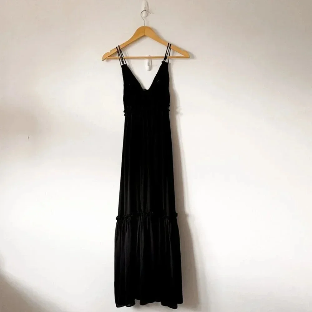 Abercrombie & Fitch Floaty Femme Ruffle V Neck Maxi Dress Black Sz XS